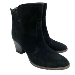Aquatalia Black Suede High Heel Ankle Booties Women's Sz 8.5 Back Zip Almond Toe